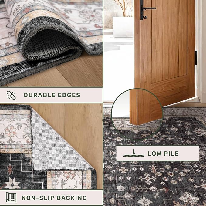 Hazo Haus Black Boho Washable 3x10 Extra Long Hallway Runner Rug, Waterproof