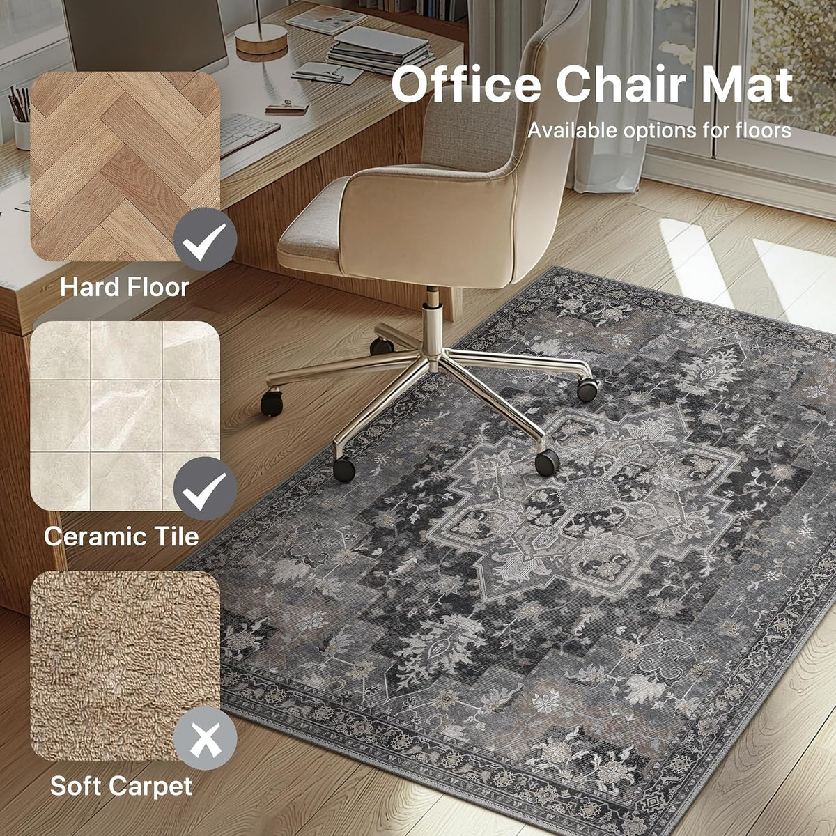 36"x48" Office Chair Mat for Hardwood Floor, Non-Slip Washable Black