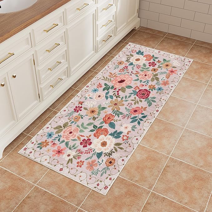 DUKINO 2x4 Rug for Entryway, Washable Kitchen Floral Runner Rug