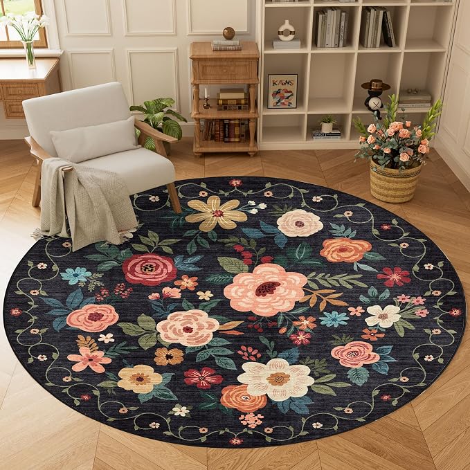 DUKINO Floral Round Rug, 6ft Washable Circle Rug, Non Slip Indoor Low Pile