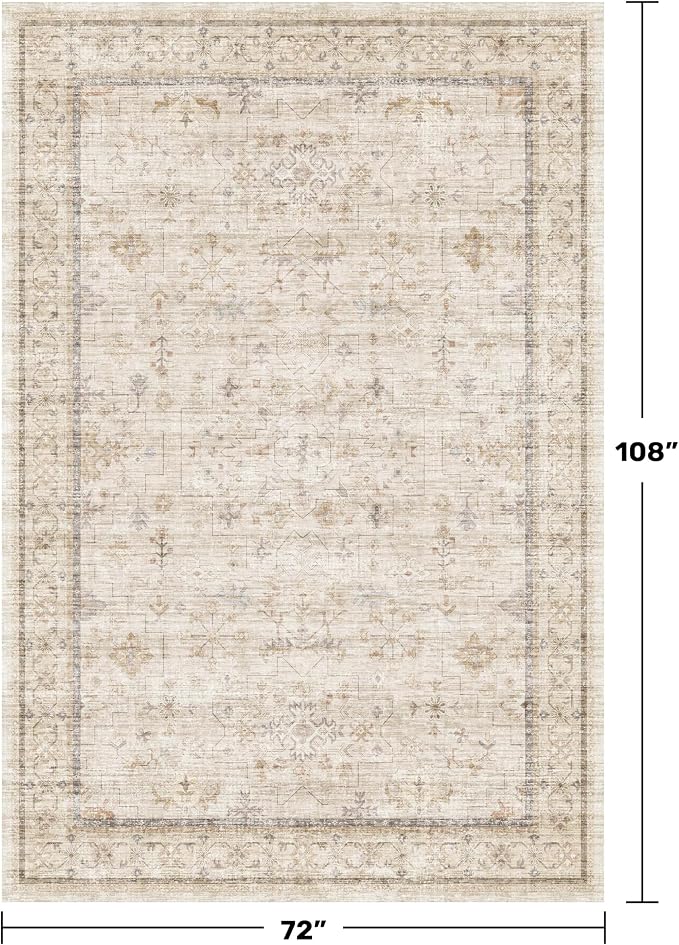 Washable Ivory 6x9 Living Room Rug, Non Slip Dinning Rugs