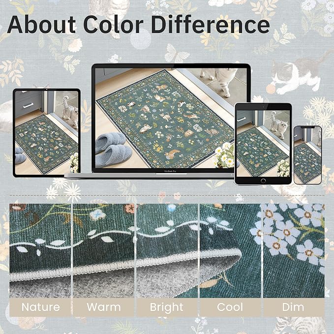 Soalmost Cat 3x5 Area Rugs for Entryway, Machine Washable Animal Floral Accent