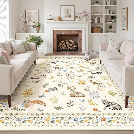 Soalmost Cat 9x12 Area Rugs for Living Room, Machine Washable Animal Floral