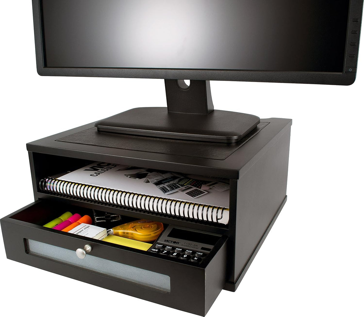 Victor Monitor Riser with Drawer and Storage Shelf - Wood Monitor Stand for Desk, Desk Organizer with Faux Leather Top, Organize Office Supplies, 13 x 13 x 6.5-Inches, Midnight Black