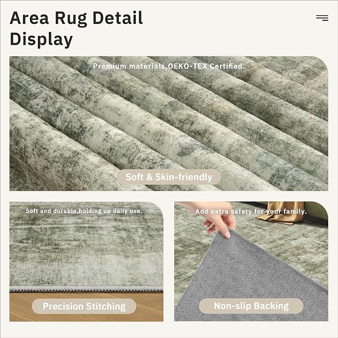 Soalmost Abstract Rug 5x7 Machine Washable Area Indoor Green Black Low Pile