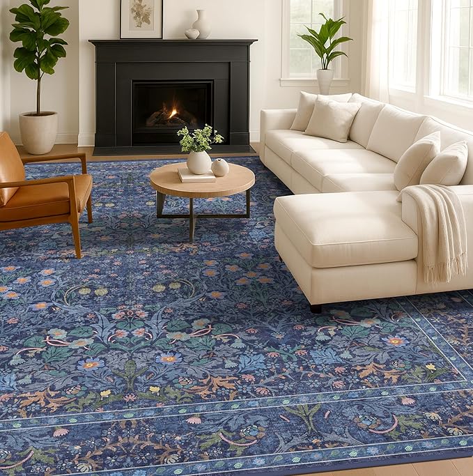 Washable Dark Blue Rug for Living Room
