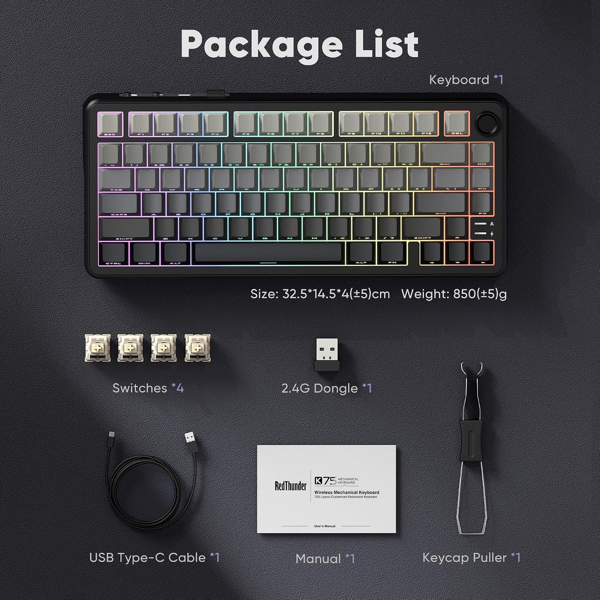 RedThunder K75 Wireless Mechanical Gaming Keyboard with Knob, 75% Layout Creamy Keyboard with Side RGB Light, Pre‑lubed Linear Switches, Side‑engraved PBT Keycaps, Wireless Wired BT 5.0, Gradient Gray