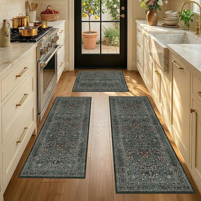 Black Green Kitchen Rug Set of 3, Washable Non-Slip Mats