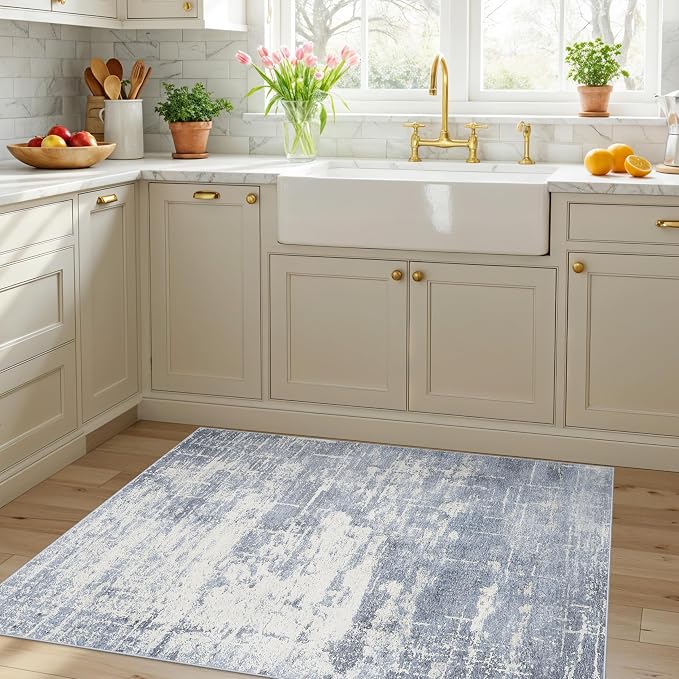 Washable 3x4 Kitchen Area Rugs: Abstract Stain-Resistant Sink Rug Non-Slip