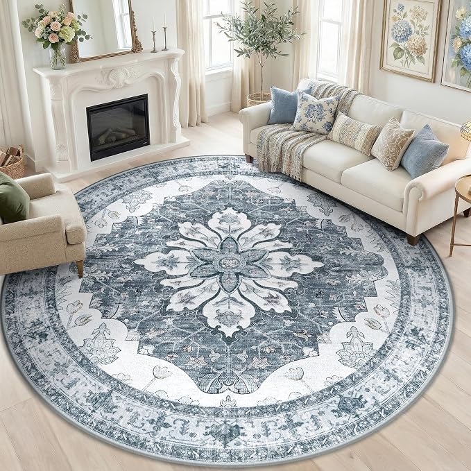 RELEANY Area Rugs Round 10ft Washable Non-Slip, Floral Vintage Distress