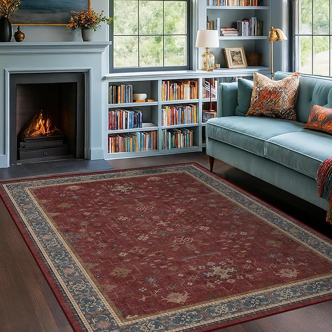 5x7 Boho Dark Red Rug for Living Room