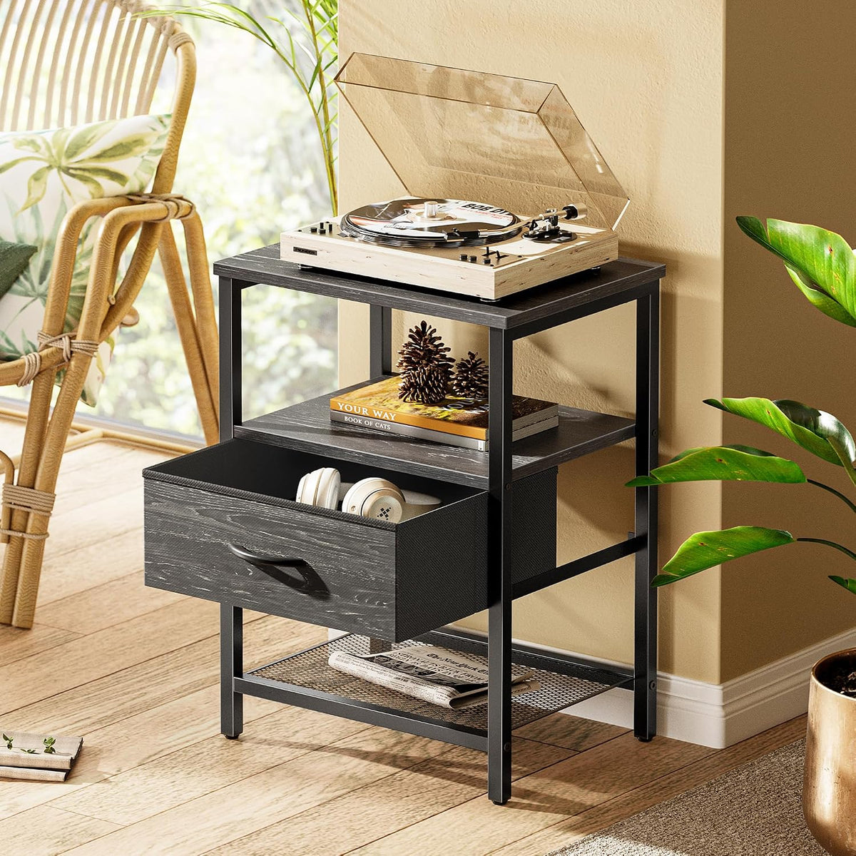 Huuger Nightstand Set of 2, Night Stand with Fabric Drawer, Mesh Shelf
