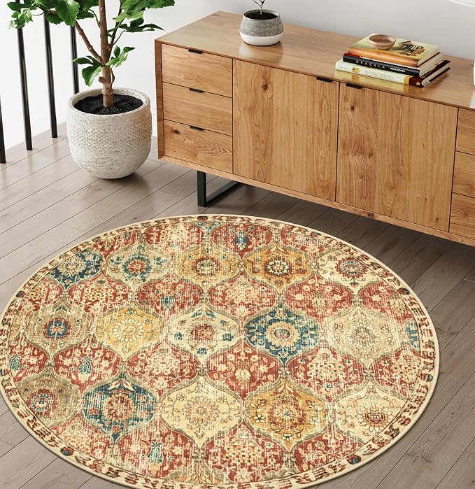 Lahome Moroccan Trellis Washable Round Rugs, Non-Slip Soft Round Rug 4ft