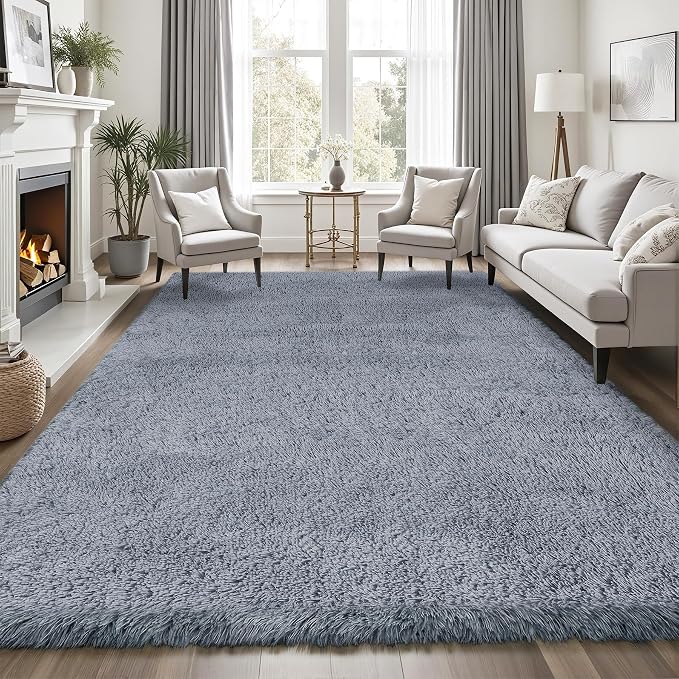 Area Rug for Living Room Bedroom: 9x12 Grey Soft Fluffy Shag Upgrade Non-Slip