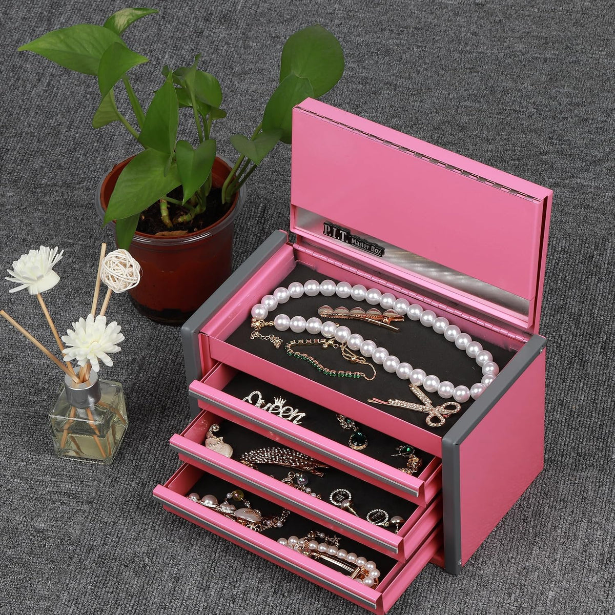 P.I.T. Mini Tool Box,3 Drawers Small Metal Toolbox for Tools Storage,Pink