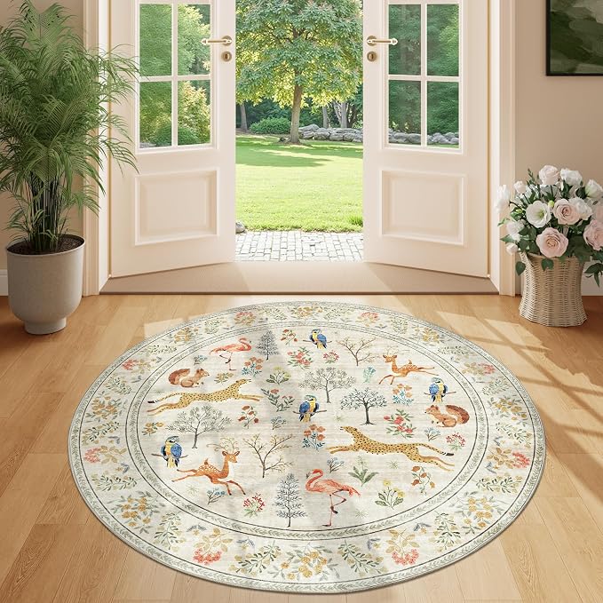 DUKINO 4ft Round Rug, Washable Round Area Rug, Non Slip Indoor Low Pile Animal