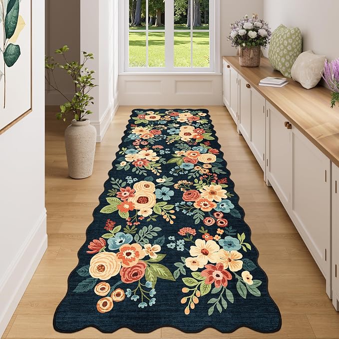 DUKINO 3x8 Washable Runner Rug, Soft Indoor Floral Non Slip Long Runner Rug