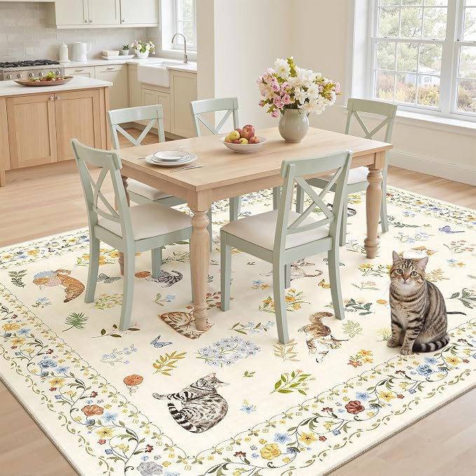 Soalmost Cat 5x7 Area Rugs for Living Room, Machine Washable Animal Floral