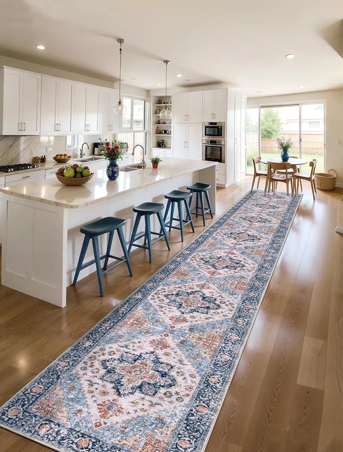 SERISSA Runner Rug for Hallways, Extra Long Boho Rug Ultra Soft Vintage Blue