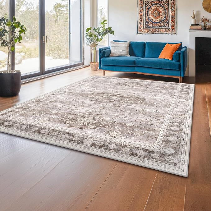Hazo Haus Washable Neutral Farmhouse Living Room Rug, 5x7 Area Rugs
