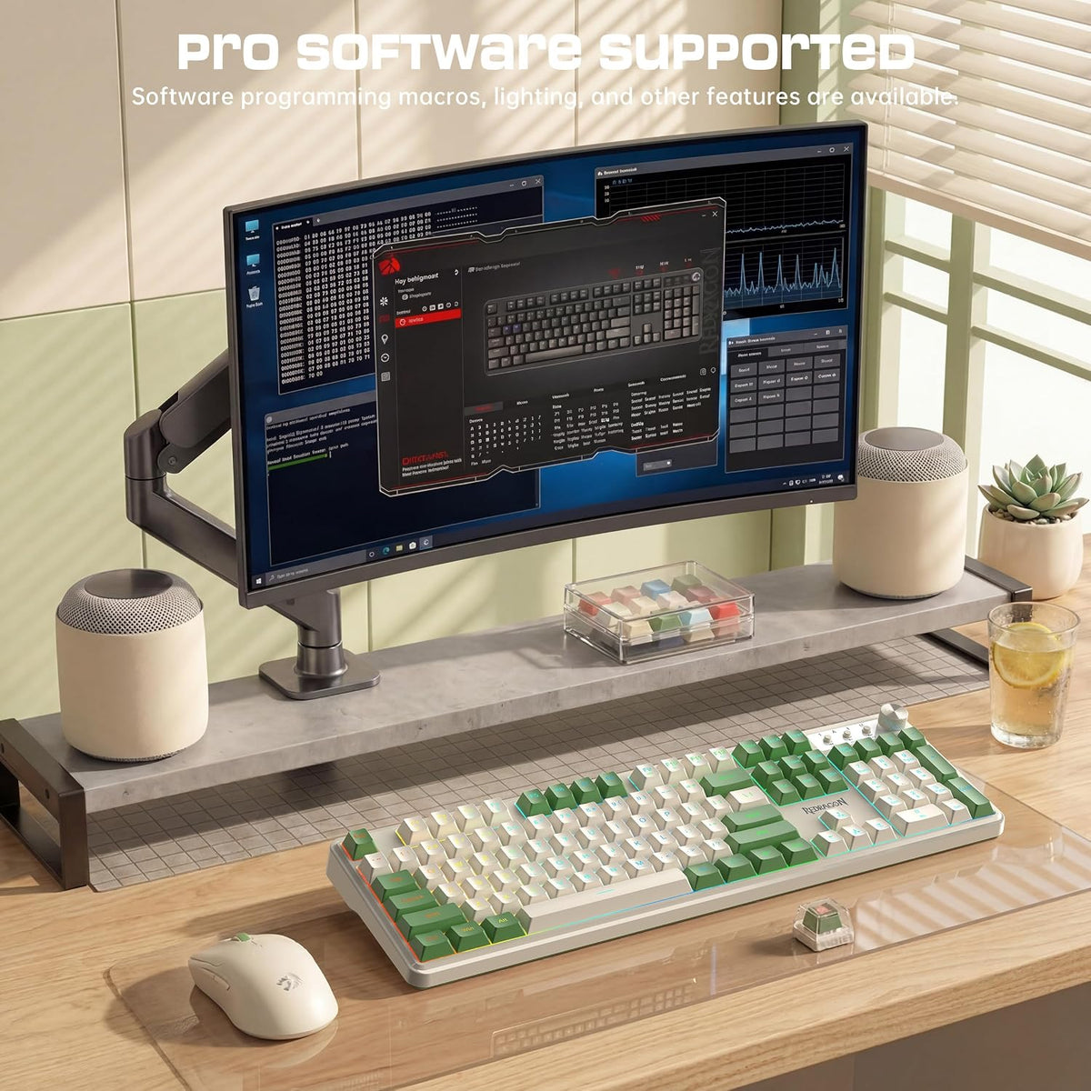 Redragon RM104 Wireless Gaming Keyboard with Knob, Tri-Mode BT/2.4G/USB-C RGB Computer Keyboards, 4000mAh Battery, Programmable Software Support, Anti-Ghosting, Compatible with PC Mac - White & Green