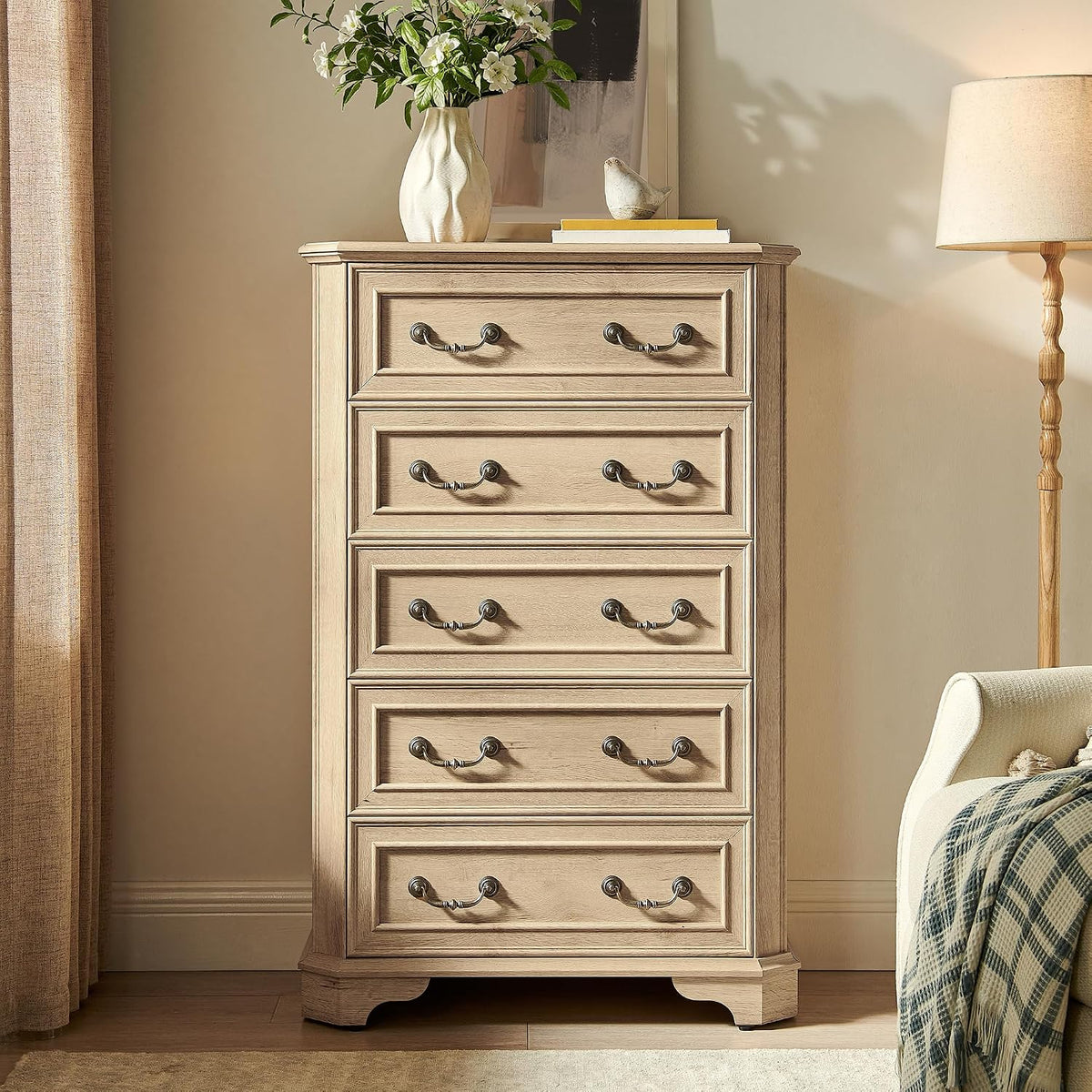 T4TREAM Farmhouse 5 Drawers Dresser for Bedroom, 48" Tall Wood Rustic Chest of Drawers with Natural Texture, Vintage Design, Storage Dressers Organizer for Bedroom, Living Room, Hallway, Natural Oak