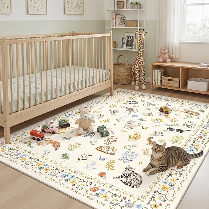 Soalmost Cat 5x7 Area Rugs for Living Room, Machine Washable Animal Floral