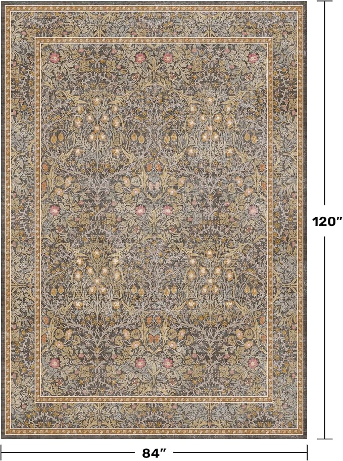 Vintage Gold Brown Living Room Rug, 7x10 Washable Area Rugs
