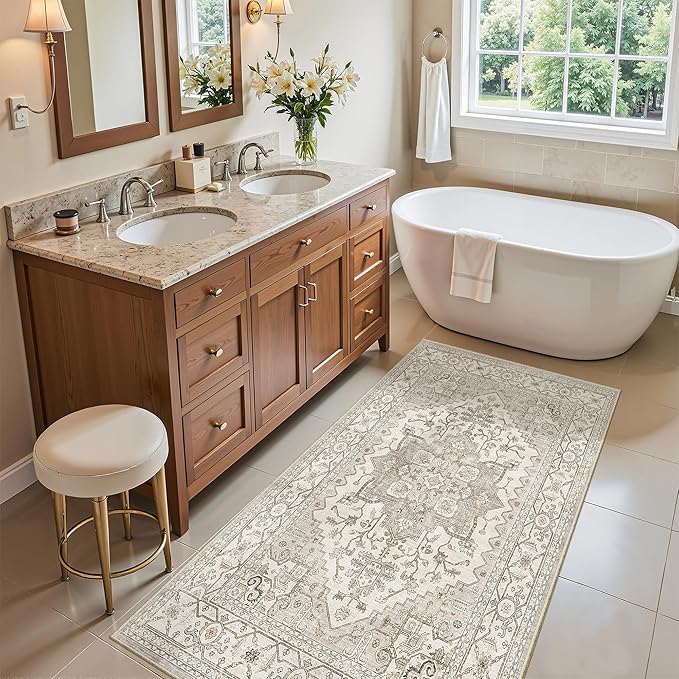 Madane Washable Area Rug 2x4, Small Entryway Rug Non-Slip Vintage Door Mat