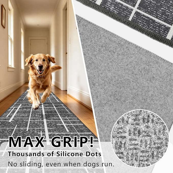 Non Slip Hallway Runner Rug 2.6x12, Modern Distressed Stripe, Washable Extra
