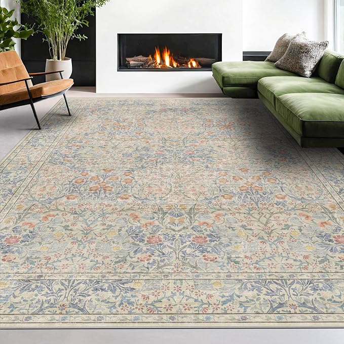 Vintage Washable Beige Blue 10x14 Rug