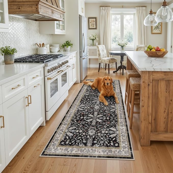 3x7 Washable Non-Slip Kitchen Runner Rug – Soft Low-Pile Stain-Resistant Carpet