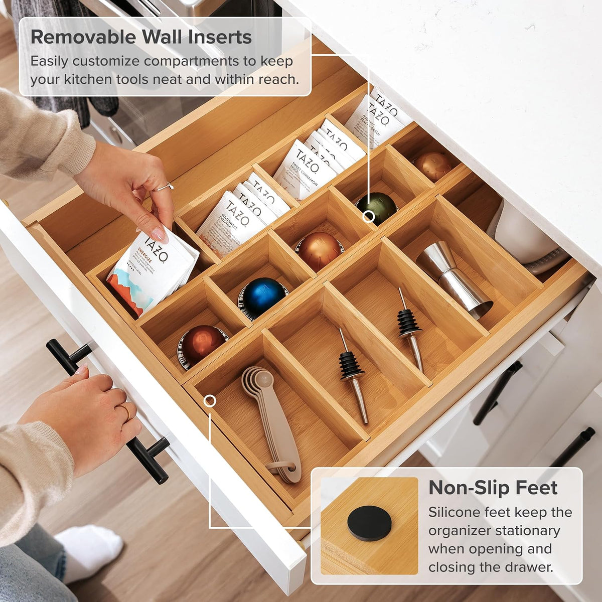 KitchenEdge Utensil & Tea Bag Drawer Organizer, Bamboo
