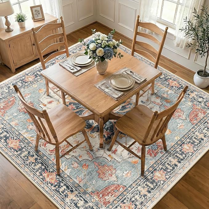 RELEANY Area Rugs Square 8ft Washable Non-Slip, Floral Vintage Distress