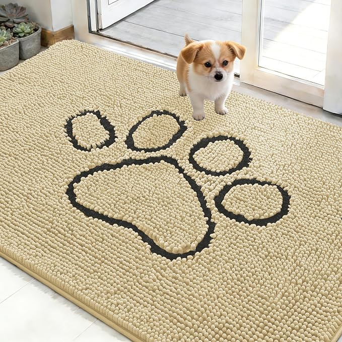 OLANLY Dog Door Mat for Muddy Paws 48x30, Paw Print Design, Absorbs Moisture