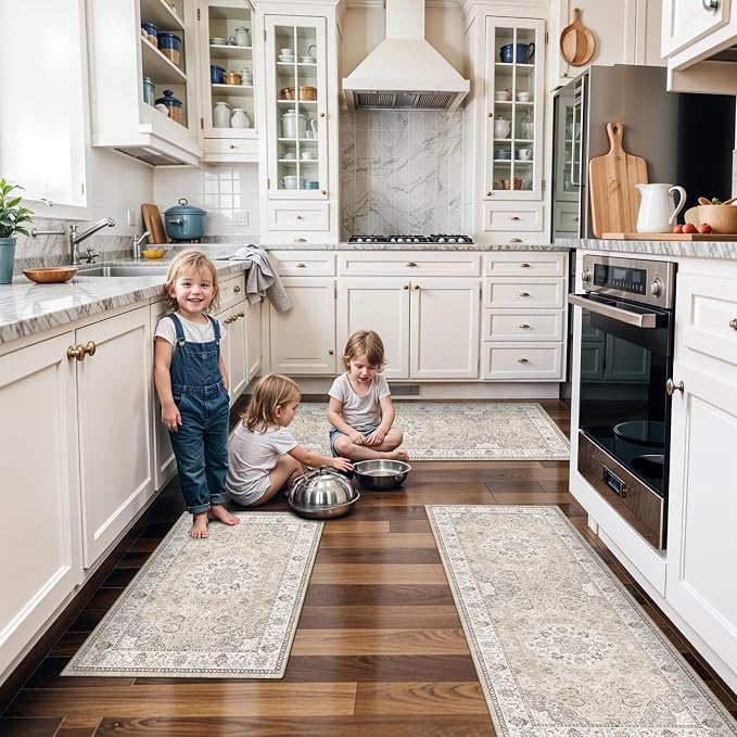 4 Pieces Kitchen Rug Set: Washable Water Resisitant Carpet