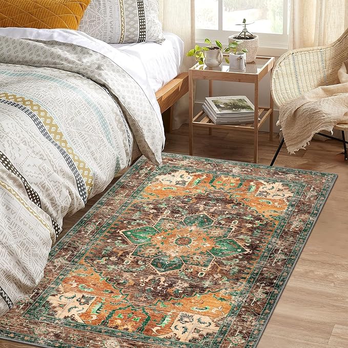 Yamaziot Washable Area Rug, 4x6 Non-Slip Boho Vintage Living Room Bedroom Rug