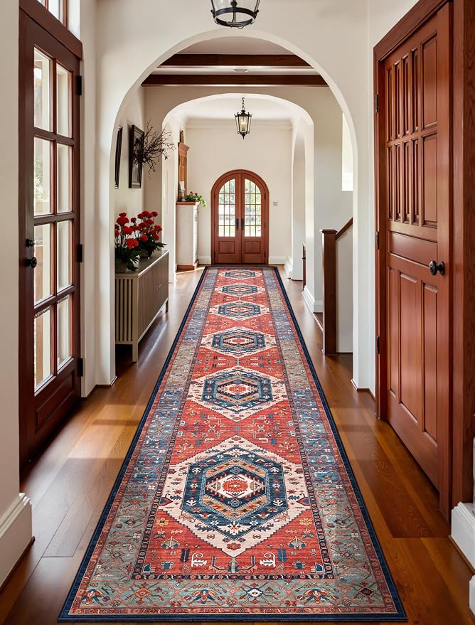SERISSA Runner Rug for Hallways, Extra Long Boho Rug Ultra Soft Vintage Rust