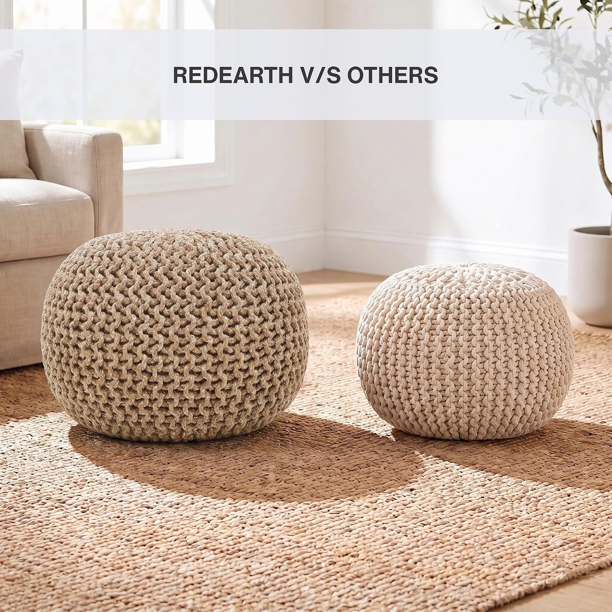 · REDEARTH · Round Pouf Ottoman - Hand Knitted Boho Poof - Beige Ivory