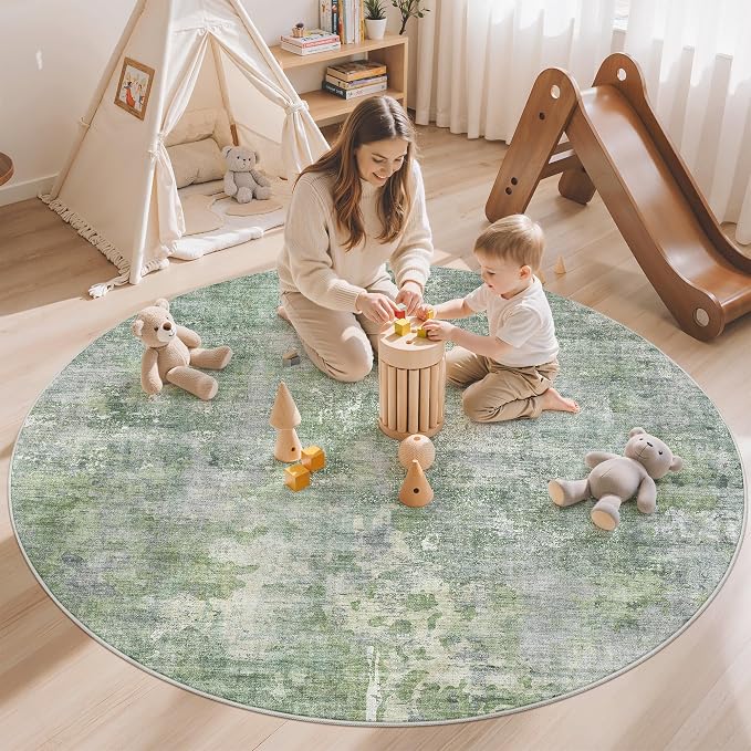 Soalmost 5x5 Green/Ivory Round Rug 5ft Living Room Circle Rug Vintage Round