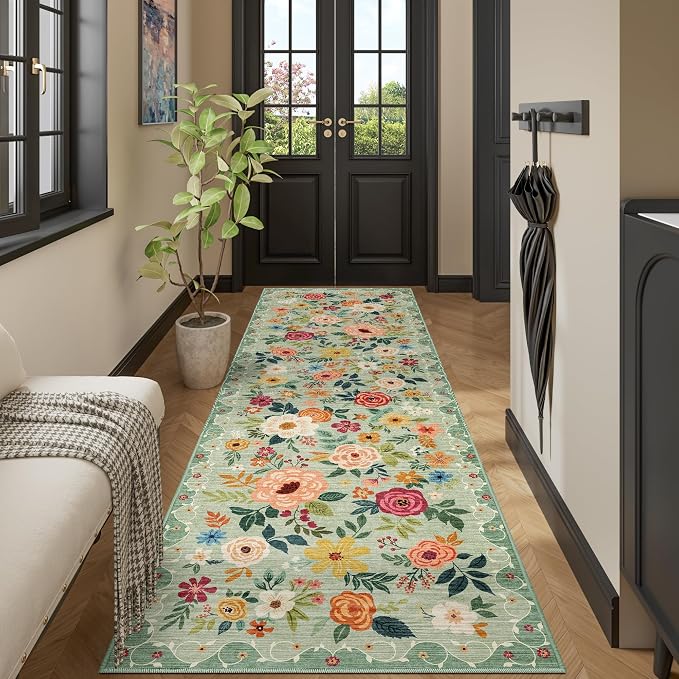 DUKINO 3x10 Runner Rug for Hallway, Washable Kitchen Floral Runner Rug