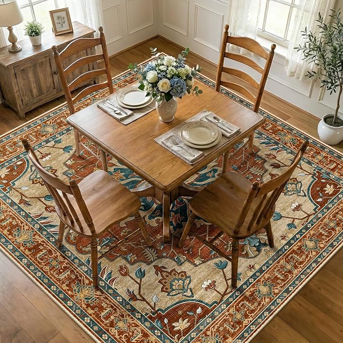 RELEANY Area Rugs Square 8ft Washable Non-Slip, Floral Vintage Distress