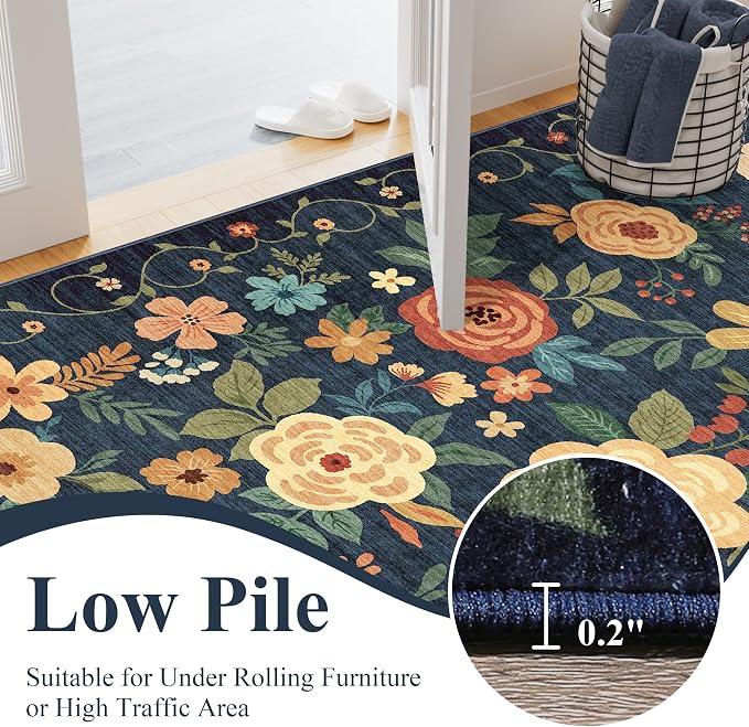 DUKINO 2x4 Rug for Entryway, Washable Kitchen Floral Runner Rug