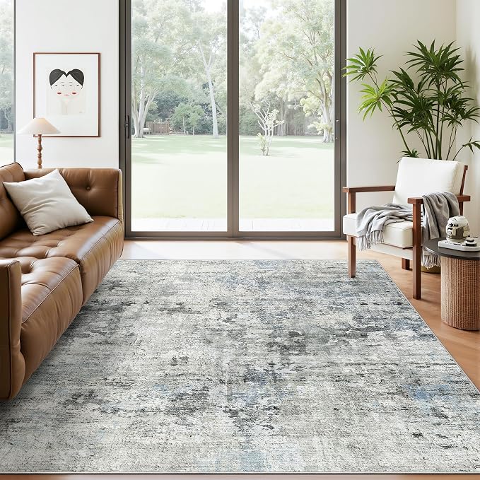 Soalmost Abstract Rug 5x7 Machine Washable Area Indoor Grey Low Pile Non-Slip