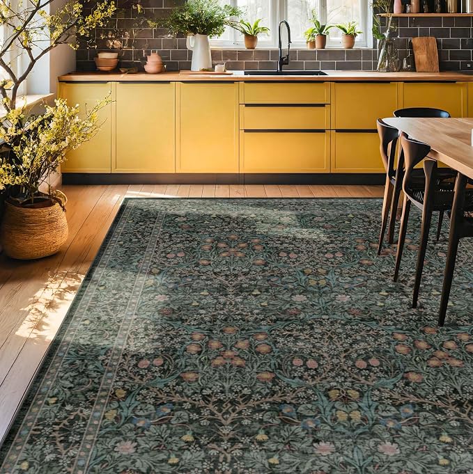Vintage Dark Green Living Room Rug, 7x10 Washable Area Rugs