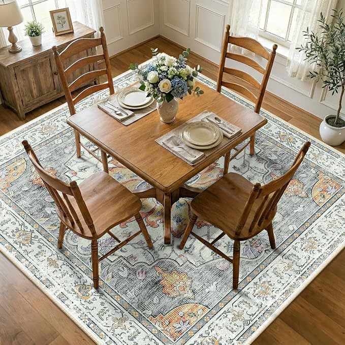RELEANY Area Rugs Square 8ft Washable Non-Slip, Floral Vintage Distress