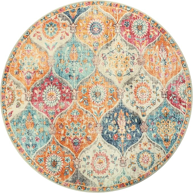 Lahome Round Moroccan Washable Rug, Soft Vintage Small Round Rug 3ft Non-Slip
