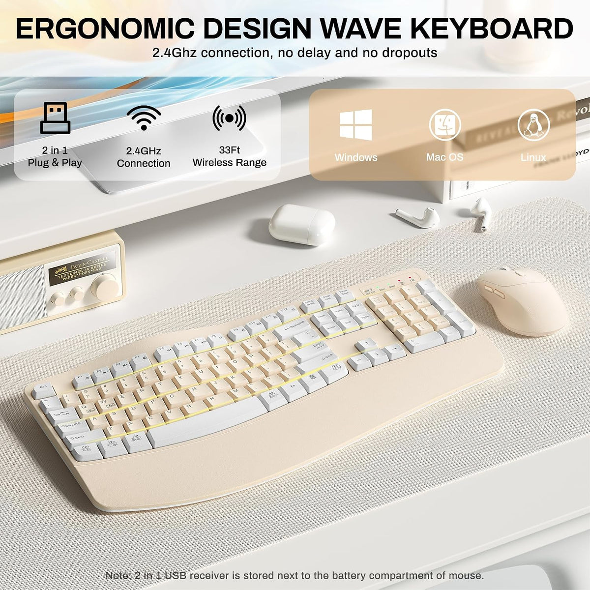 Wireless Keyboard and Mouse Combo,2.4G Ergonomic Wave Keys(Latte Color-A)