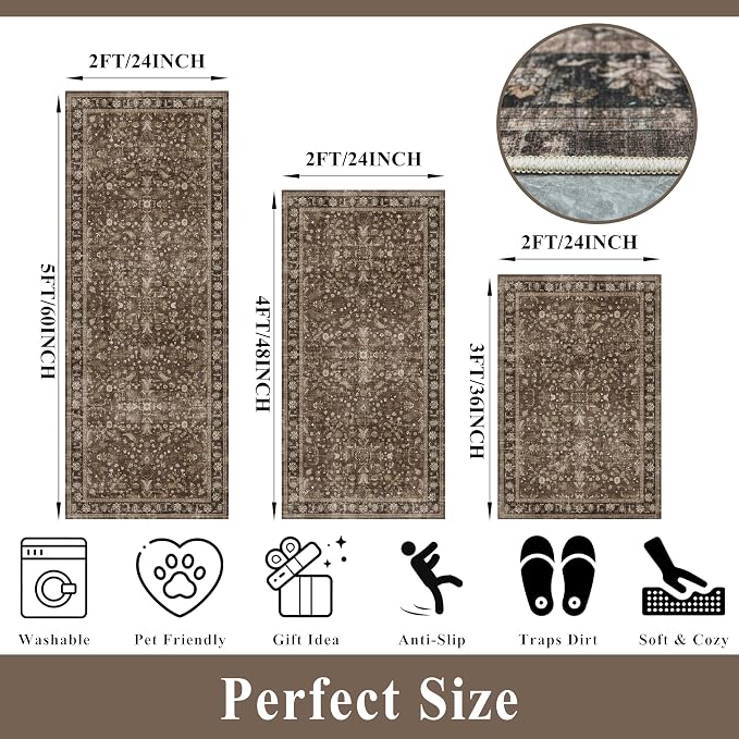 Washable Non-Skid 3 Piece Kitchen Rugs Set – Modern Boho Floral Low-Pile Area