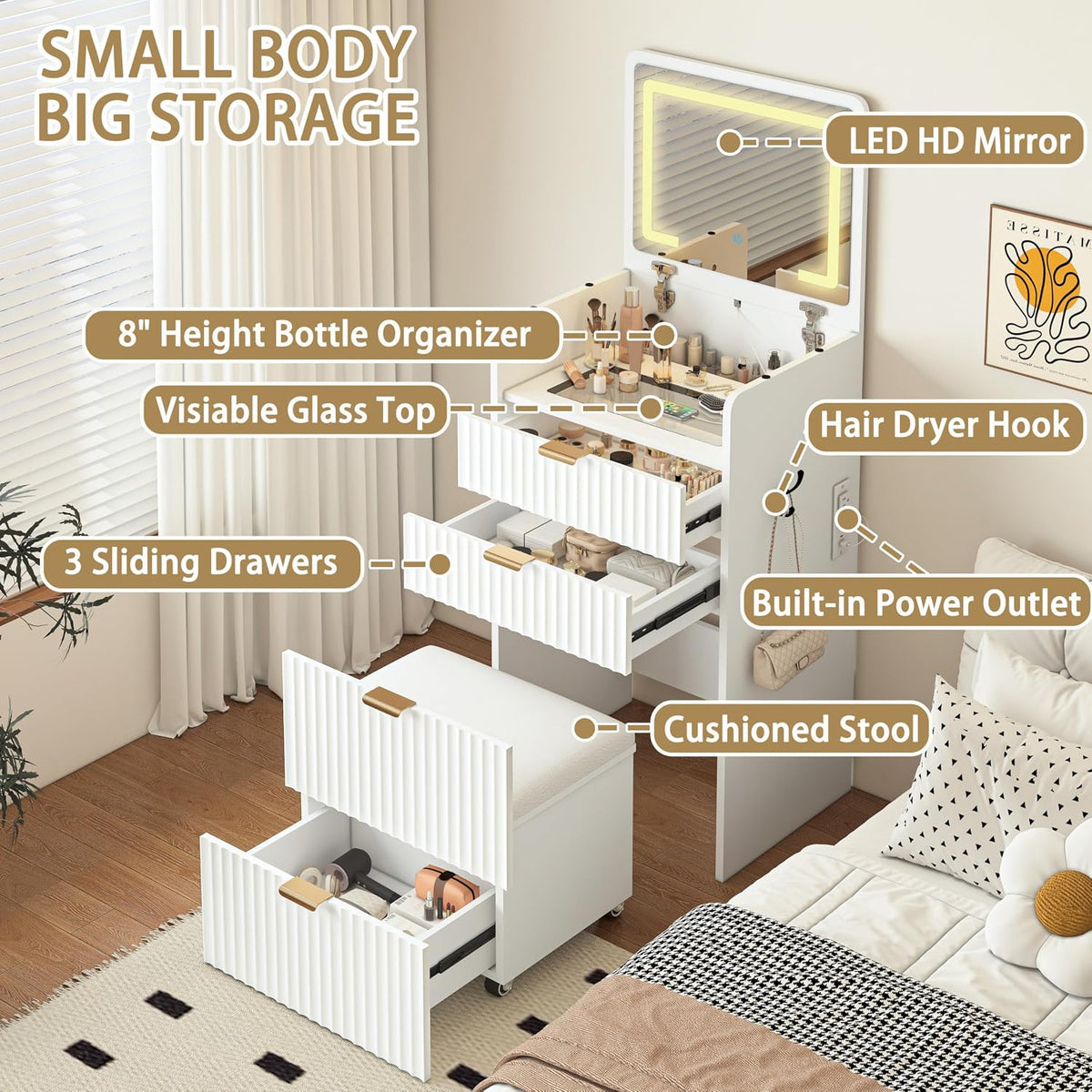 3 in 1 Vanity Desk with Flip Top Mirror and Lights, Small Makeup Vanity with 3 Drawers and Power Outlet, Modern Compact Dressing Table Set with Rolling Hidden Cushioned Stool for Bedroom, White